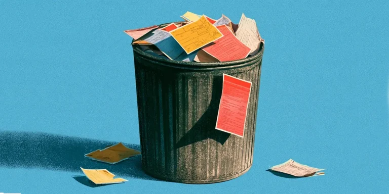 Illustrated overflowing trash can filled with service tickets representing unresolved closure waste at the IT service desk