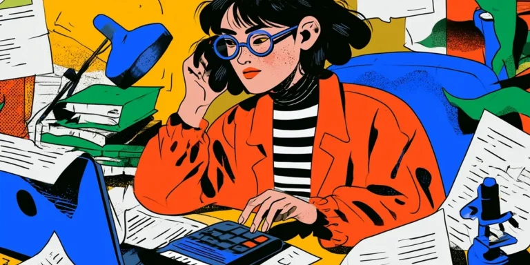 Service financial management accountant in round blue glasses using a calculator at a desk covered in papers and books