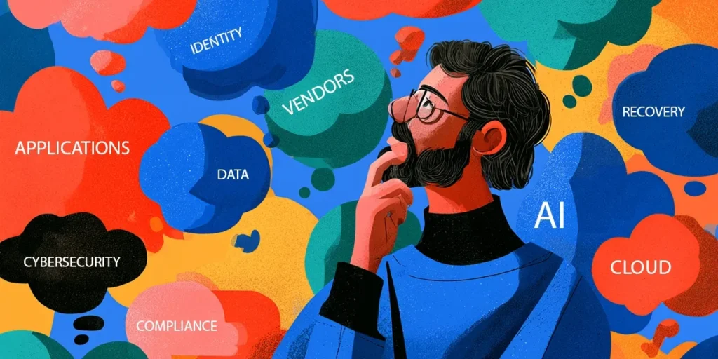 Small business technology decisions shown as a bearded man in glasses thinking, surrounded by thought bubbles labeled Identity, Vendors, Recovery, Applications, Data, AI, Cloud, Cybersecurity, and Compliance